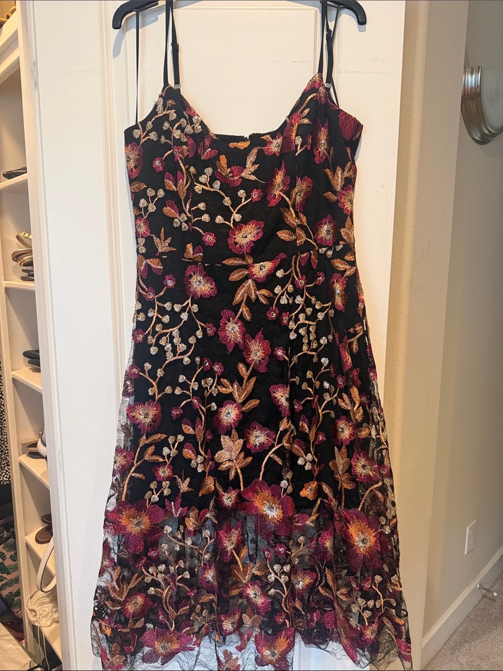 Dress the Population Black Floral Embroidered Mesh Midi Dress